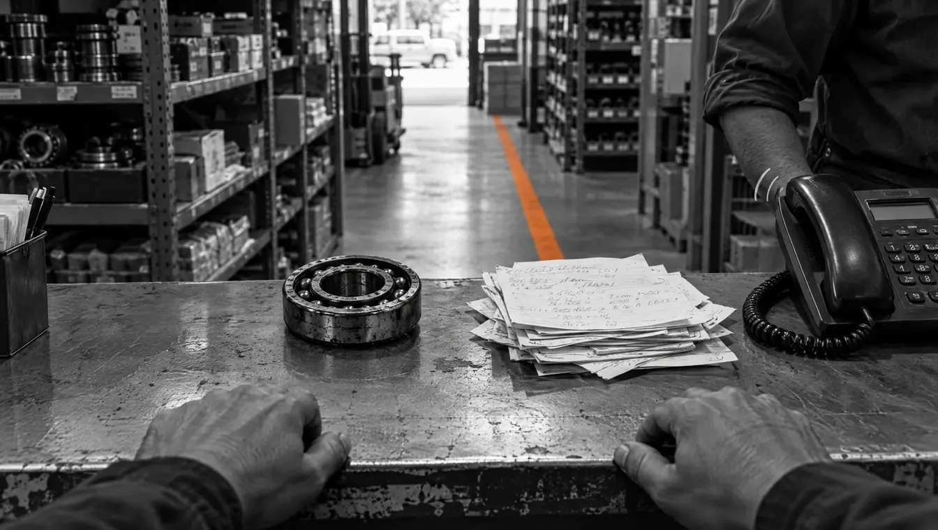 Technical specialist at the counter waiting on engineering while the customer waits