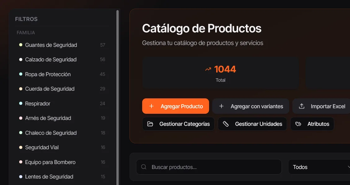 Catálogo de productos de Peaking con familias, importación desde Excel y búsqueda