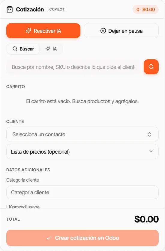Panel Copilot de Peaking para armar una cotización: búsqueda de productos, carrito, cliente y lista de precios