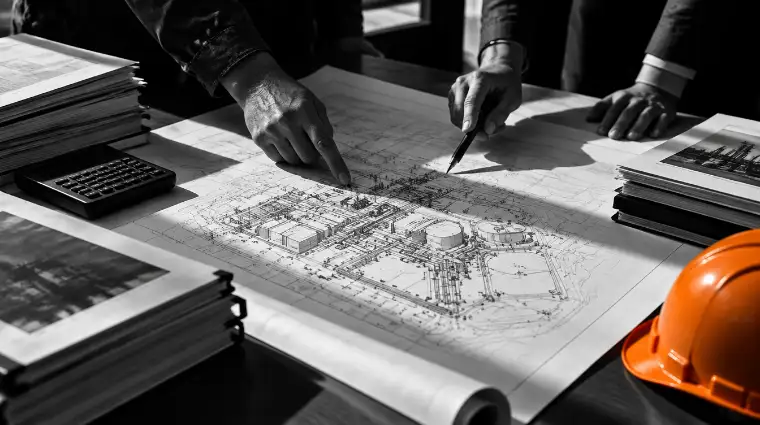 Planos y especificaciones sobre una mesa de trabajo