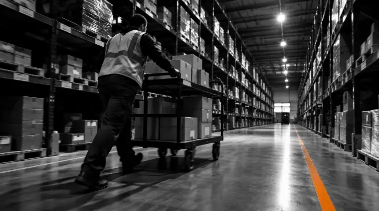 Warehouse aisle with orders staged for picking
