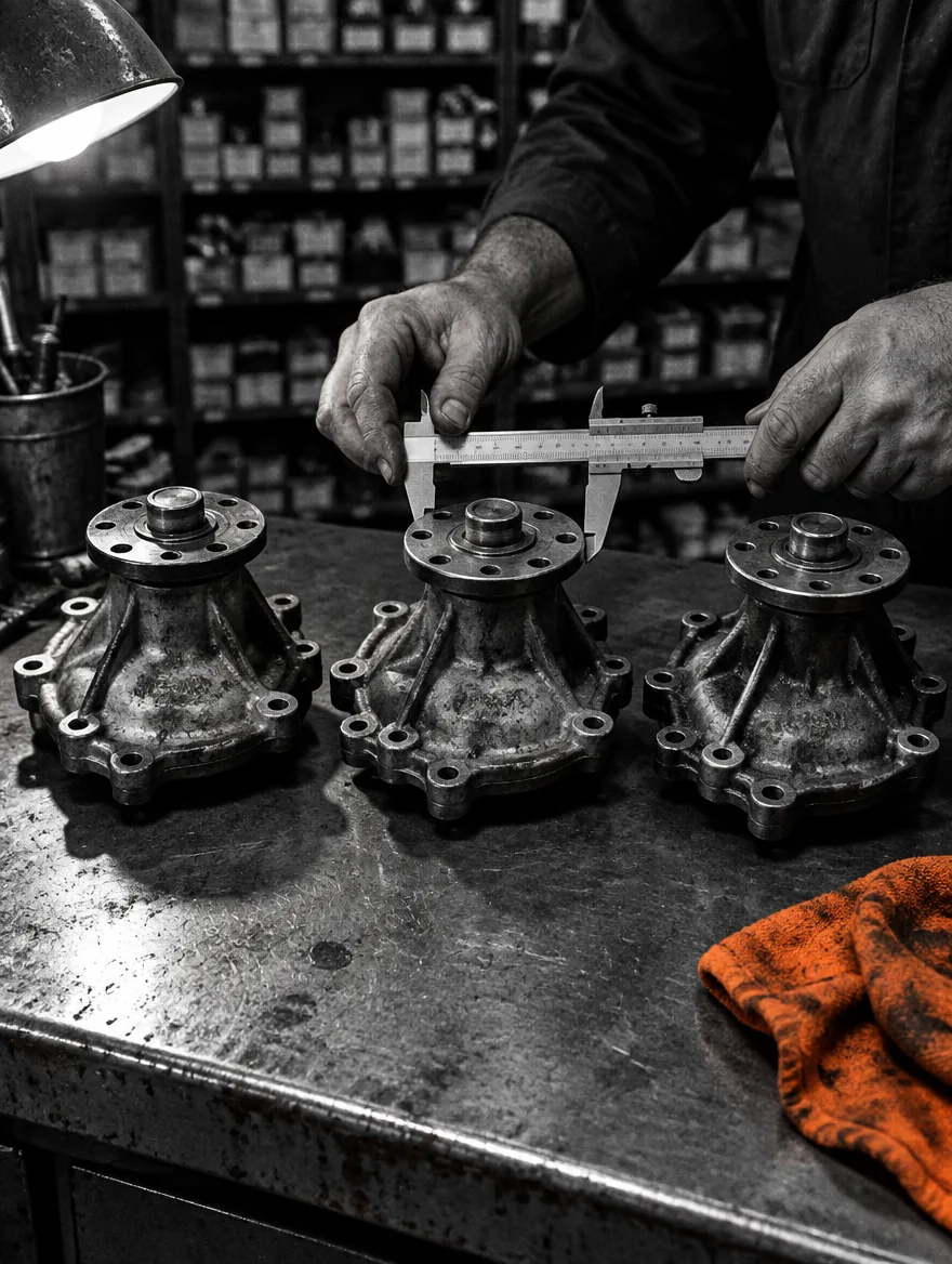 Hands holding a used mechanical part next to a phone showing a photo of it