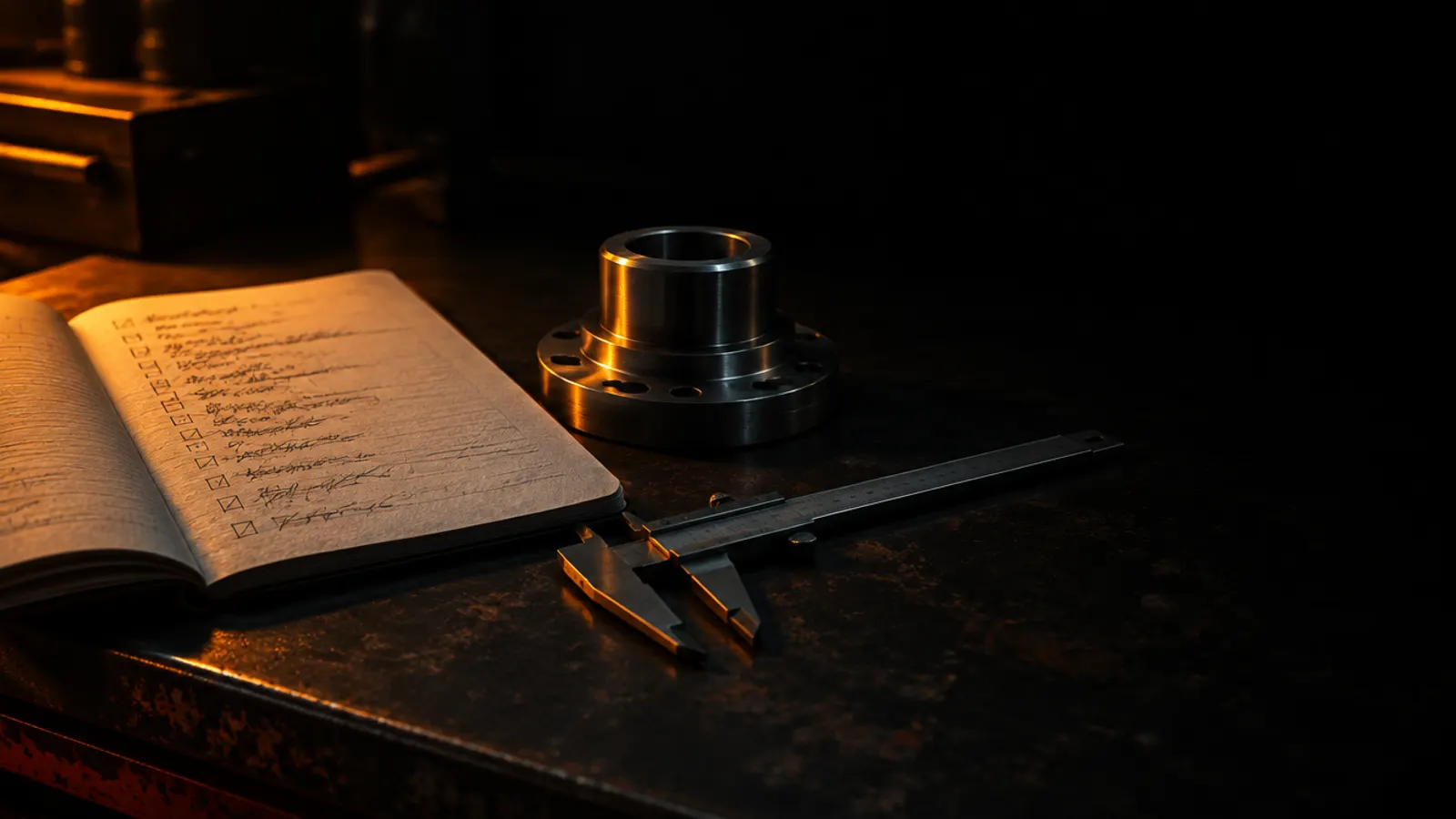 Un cuaderno abierto sobre el mostrador, junto a una pieza sin marca visible.