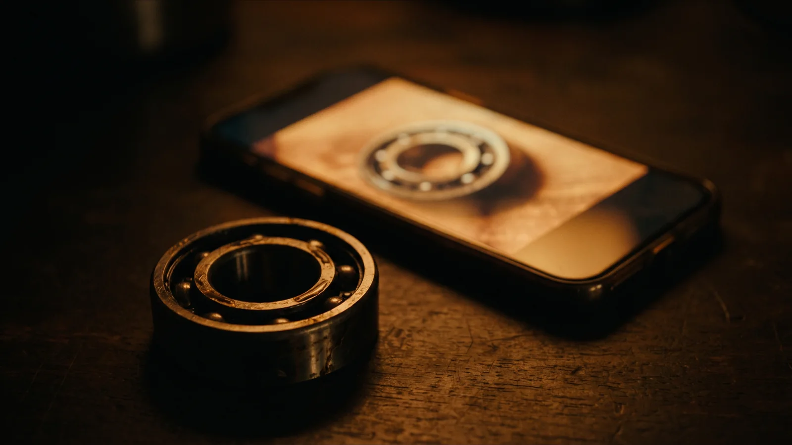 A worn bearing on a shop table next to a phone showing the photo a customer just sent.