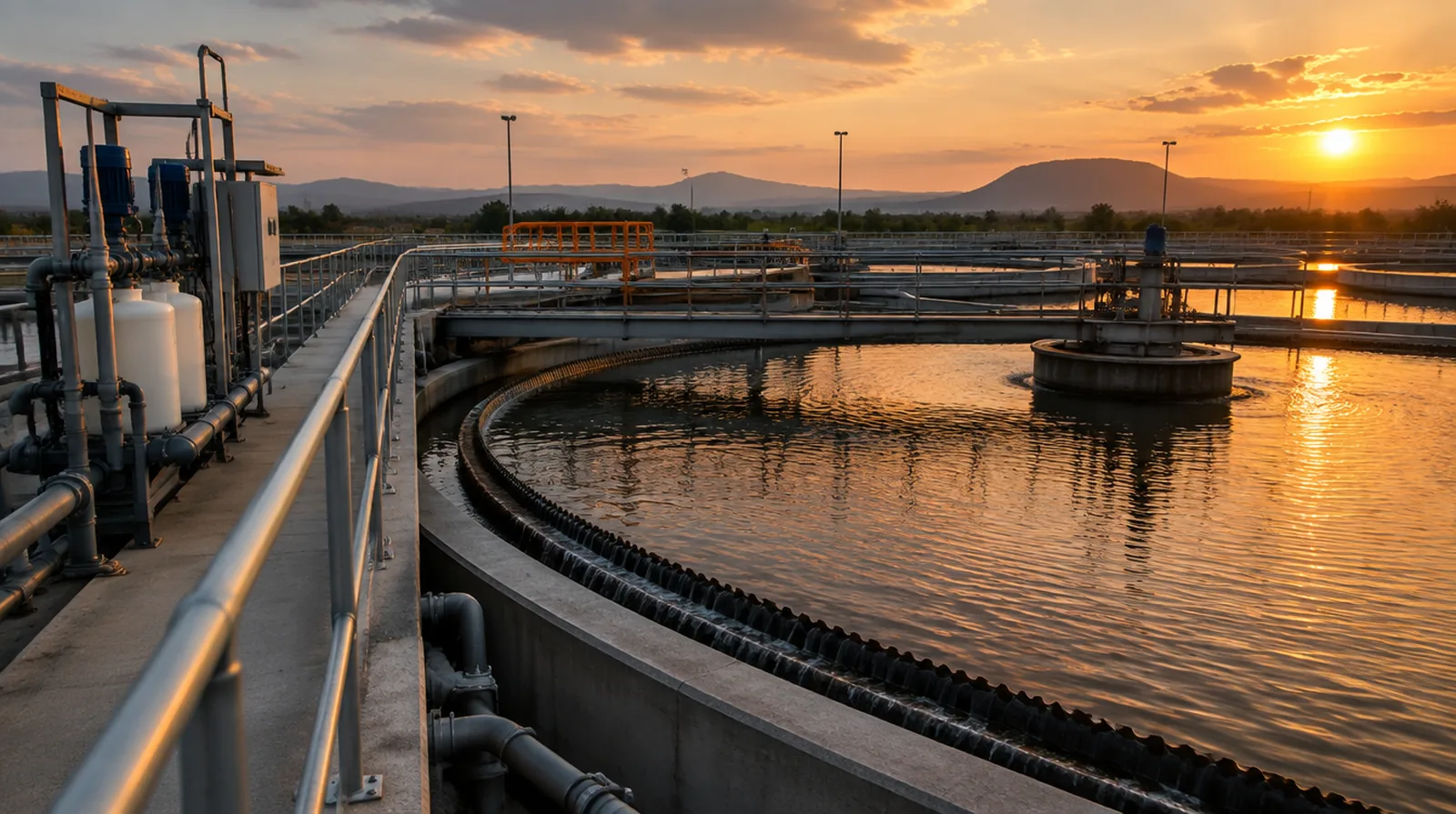 Planta de tratamiento de agua al atardecer, con los clarificadores y el barandal de acero