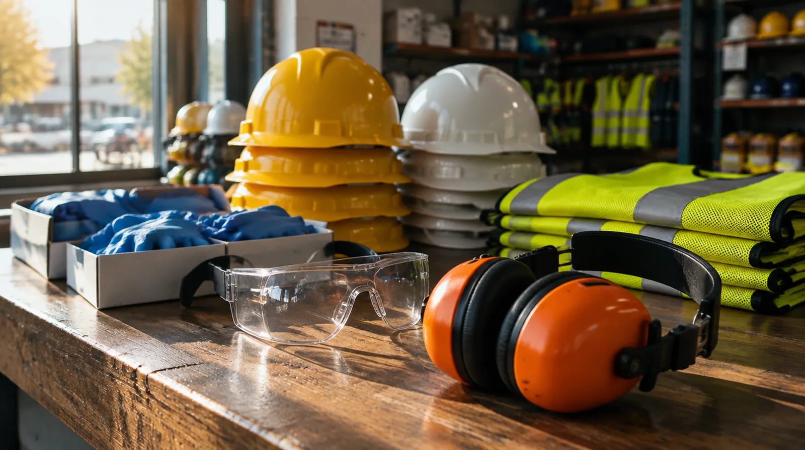Safety and protective equipment staged in a distribution warehouse