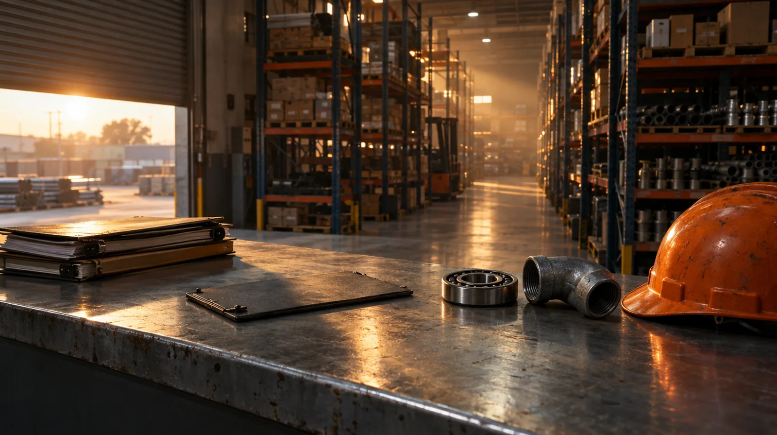 Mostrador de una distribuidora industrial al final del día, con el sol entrando por la cortina