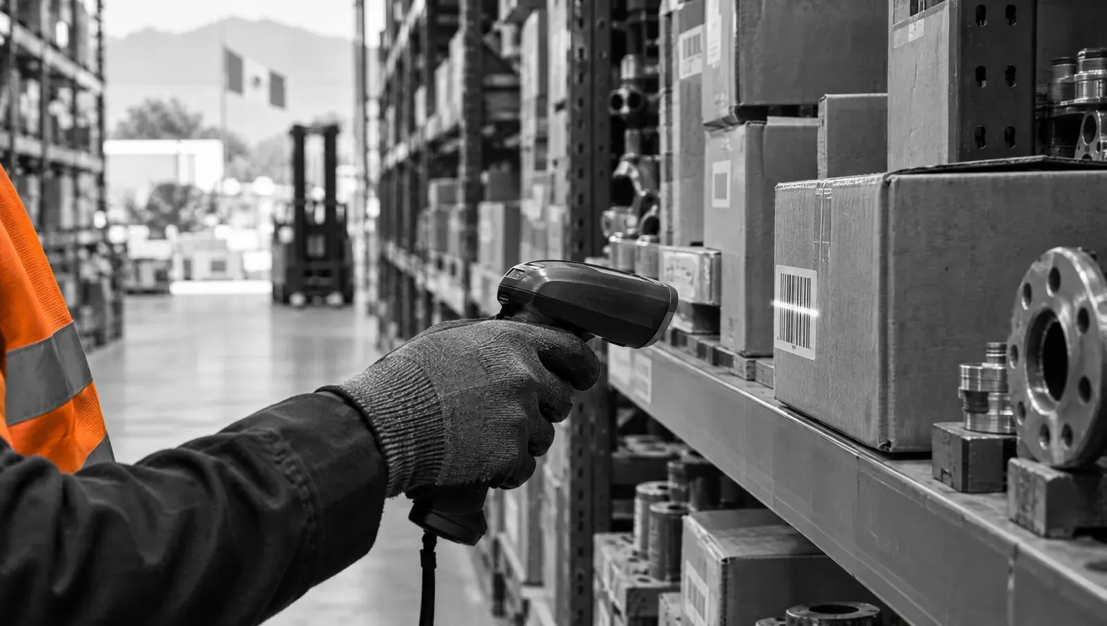 Warehouse aisle with empty shelf positions