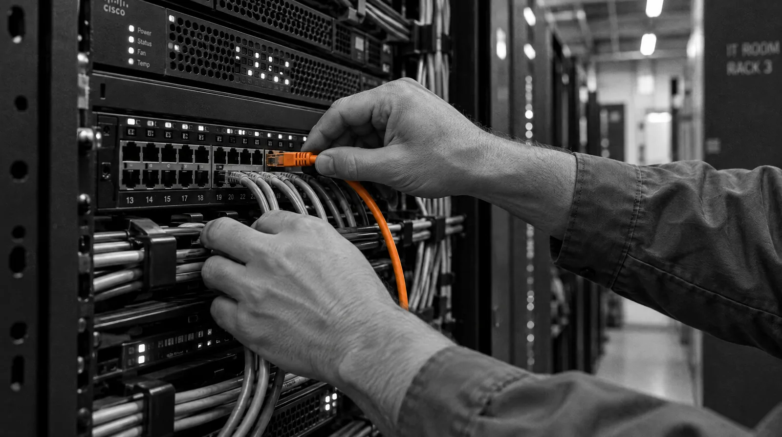 Hands connecting a cable to a network switch