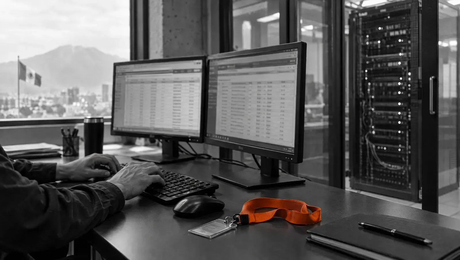 Analyst reviewing a report on two screens