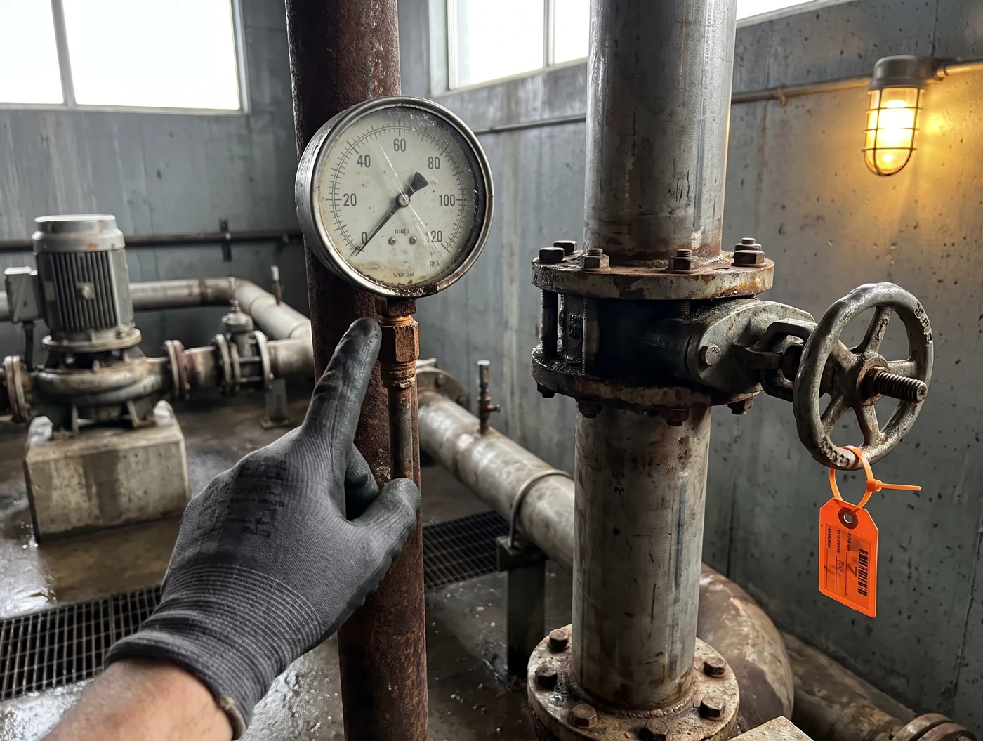 Photo from a technician: a damaged pressure gauge installed on a pump line
