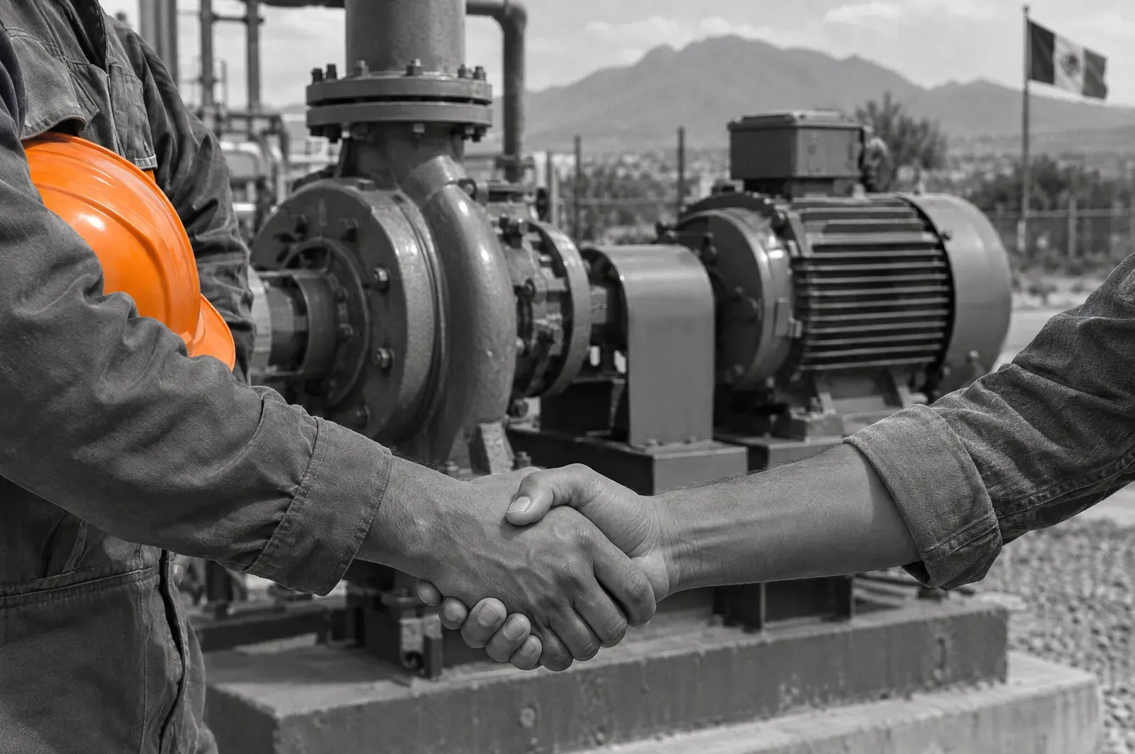 Técnico de servicio saludando al jefe de mantenimiento en planta