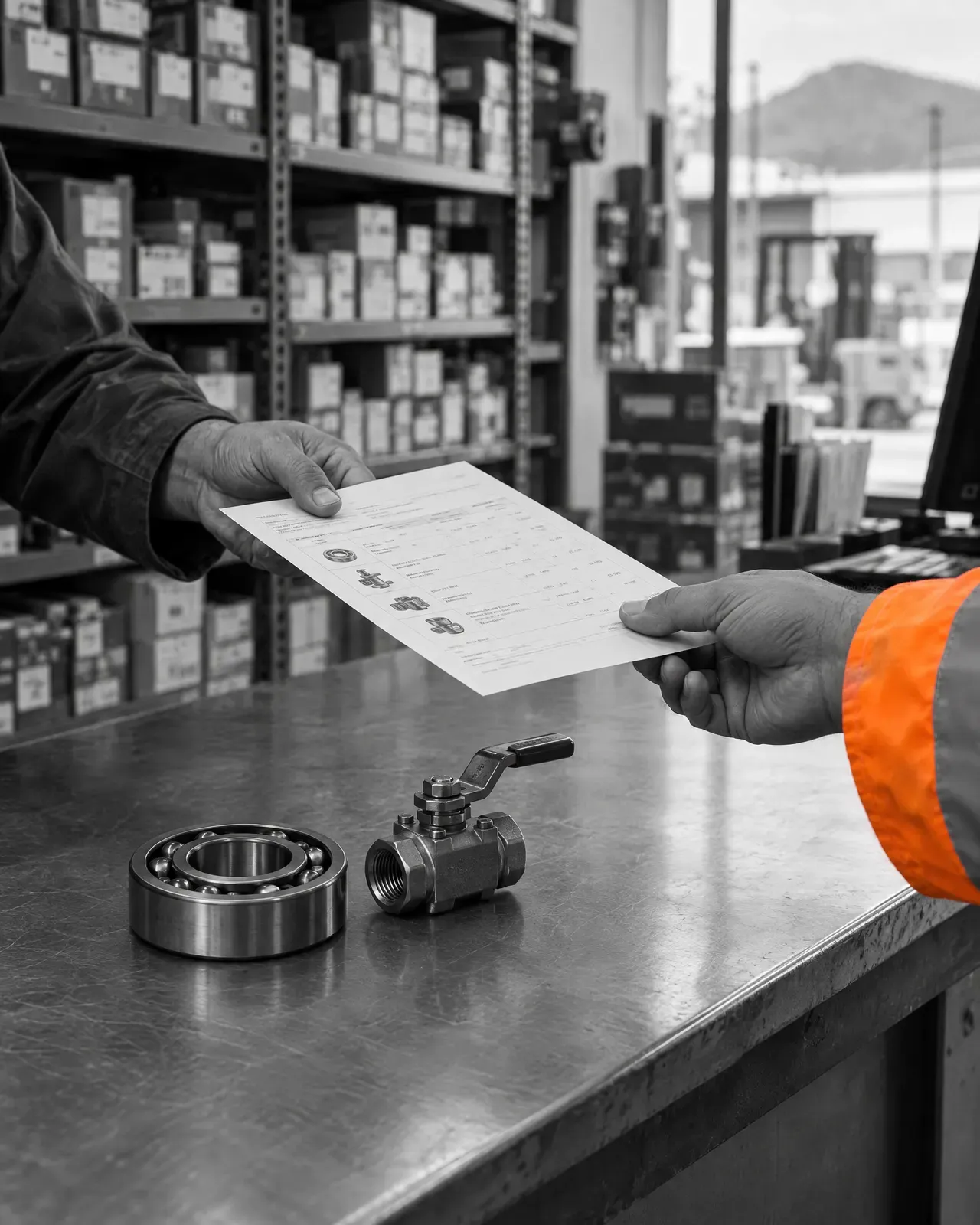 Counter specialist handing a quote to a maintenance technician