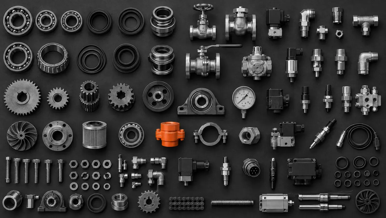 Technical drawing and parts on a work surface