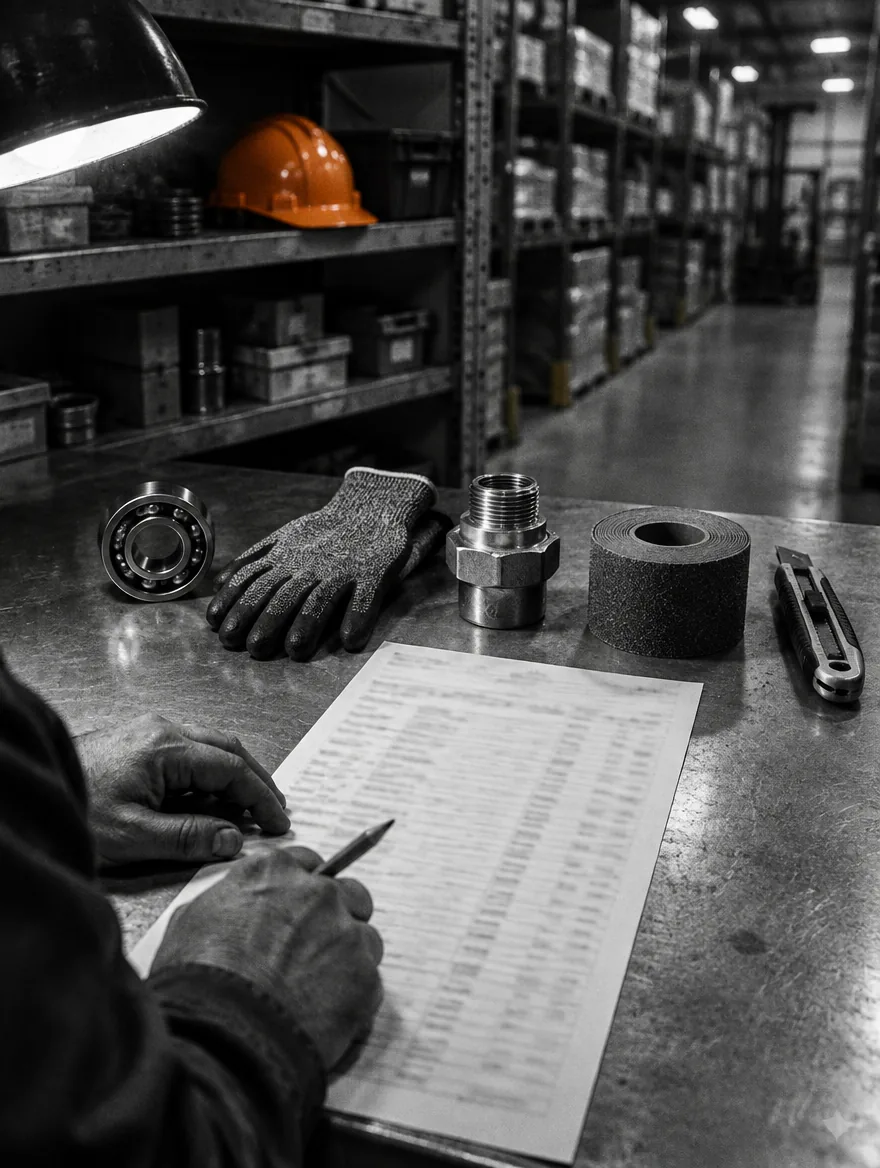 A twenty line requisition on the counter with parts from different families laid out beside it