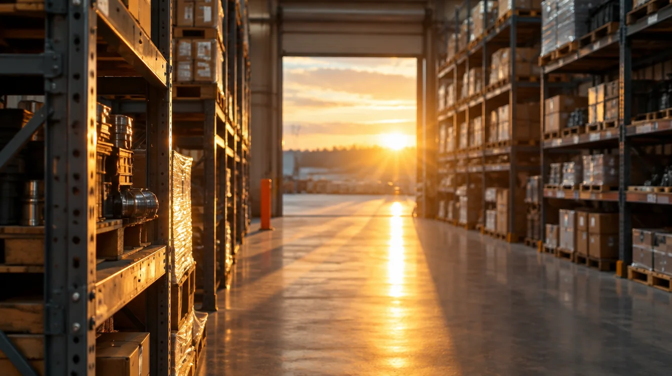 Warehouse aisle with a person checking a shelf against a list