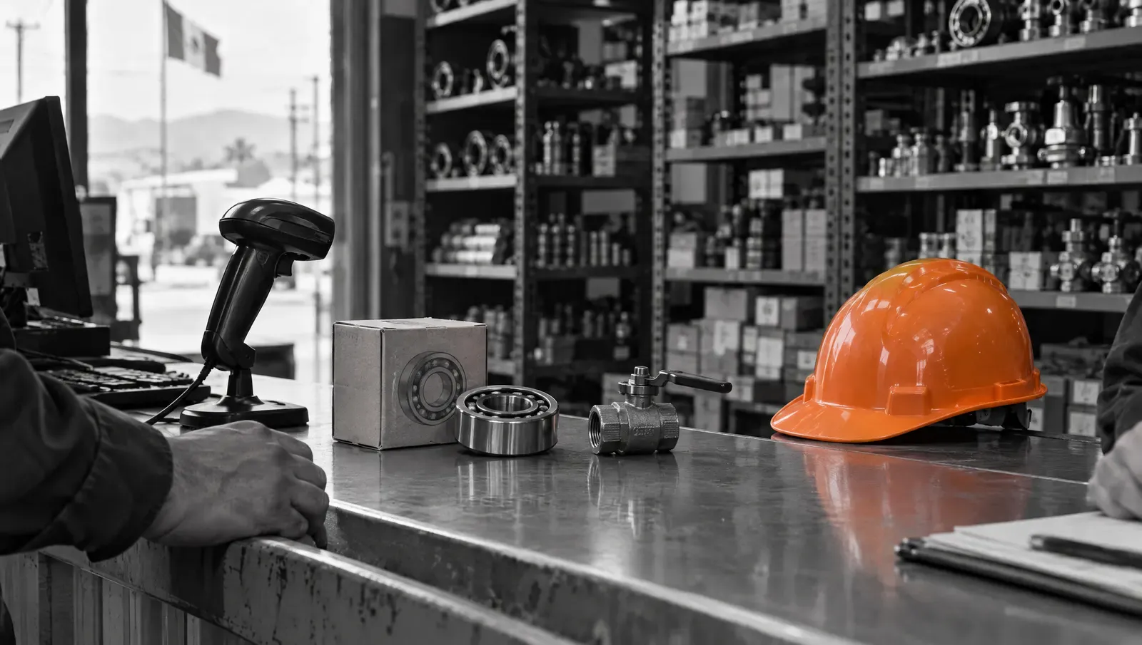 Cliente en el mostrador de un distribuidor industrial consultando una pieza