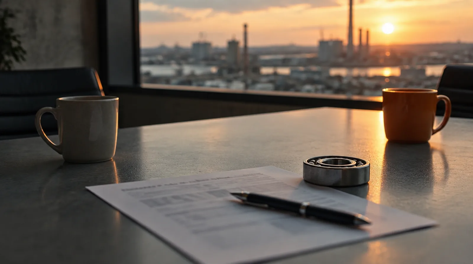Conference table at the end of the day with a printed document and a bearing on top of it