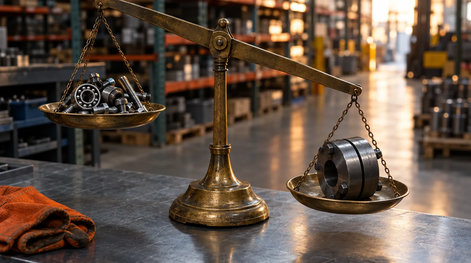 Brass scale on a distributor counter with different parts on each pan