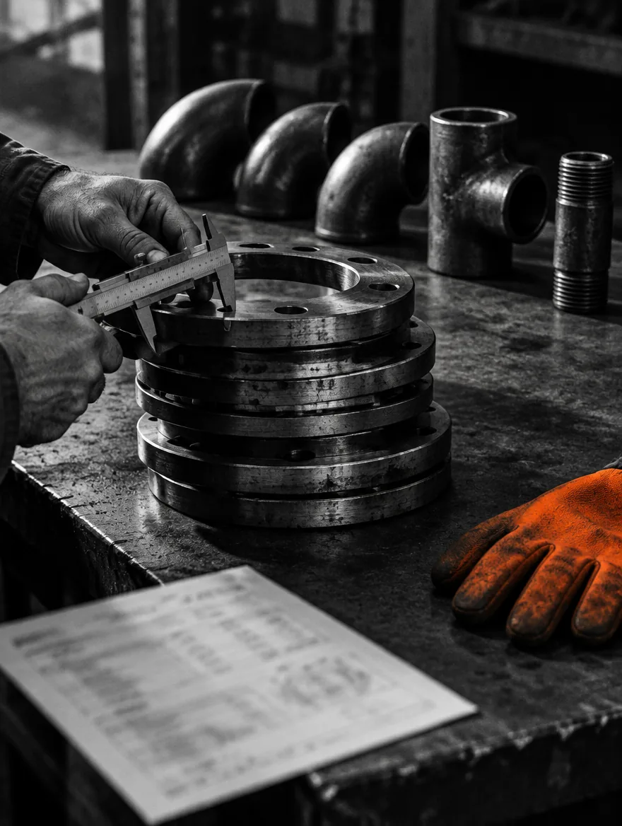 Manos midiendo una brida con vernier junto a una hoja de especificación