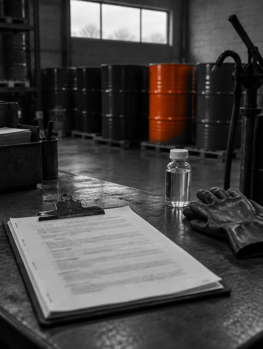 Safety data sheet on a desk beside a sample container